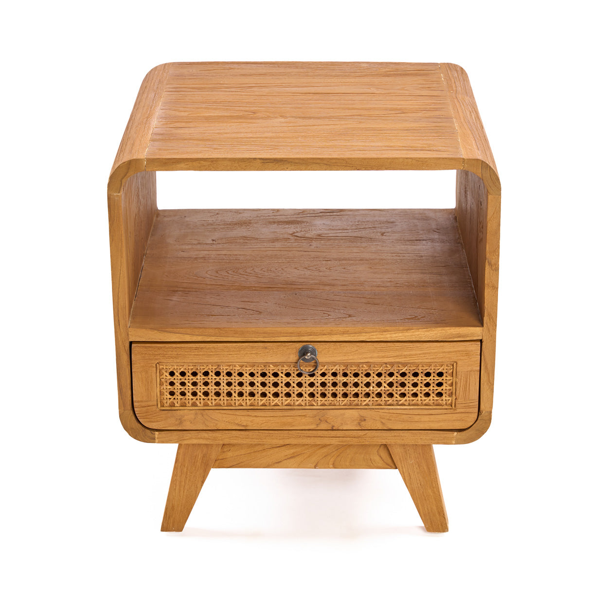 Wooden side table with a drawer on a white background