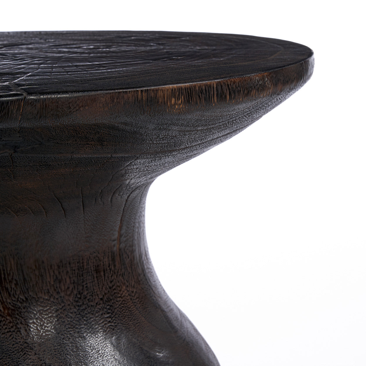 Dark wooden side table with textured surface on a white background