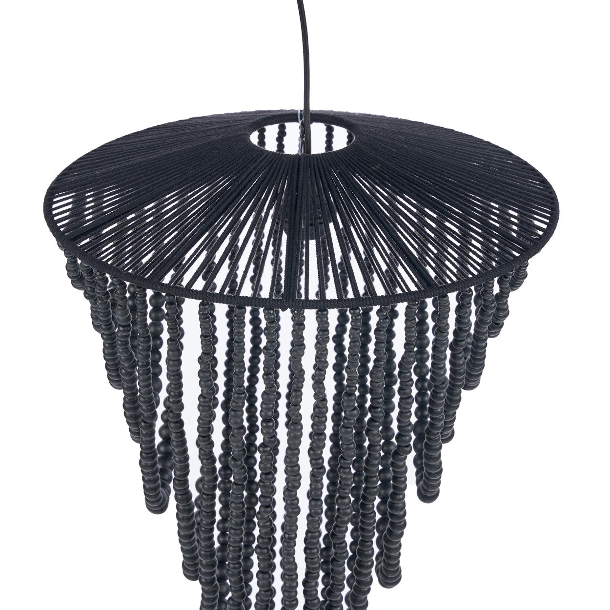 Black beaded pendant light on a white background