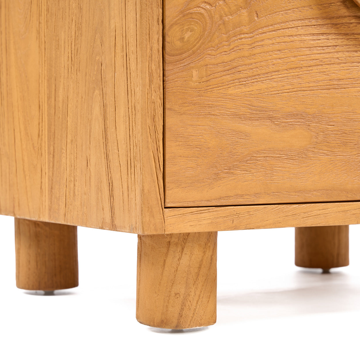 Close-up of a wooden nightstand with legs on a white background