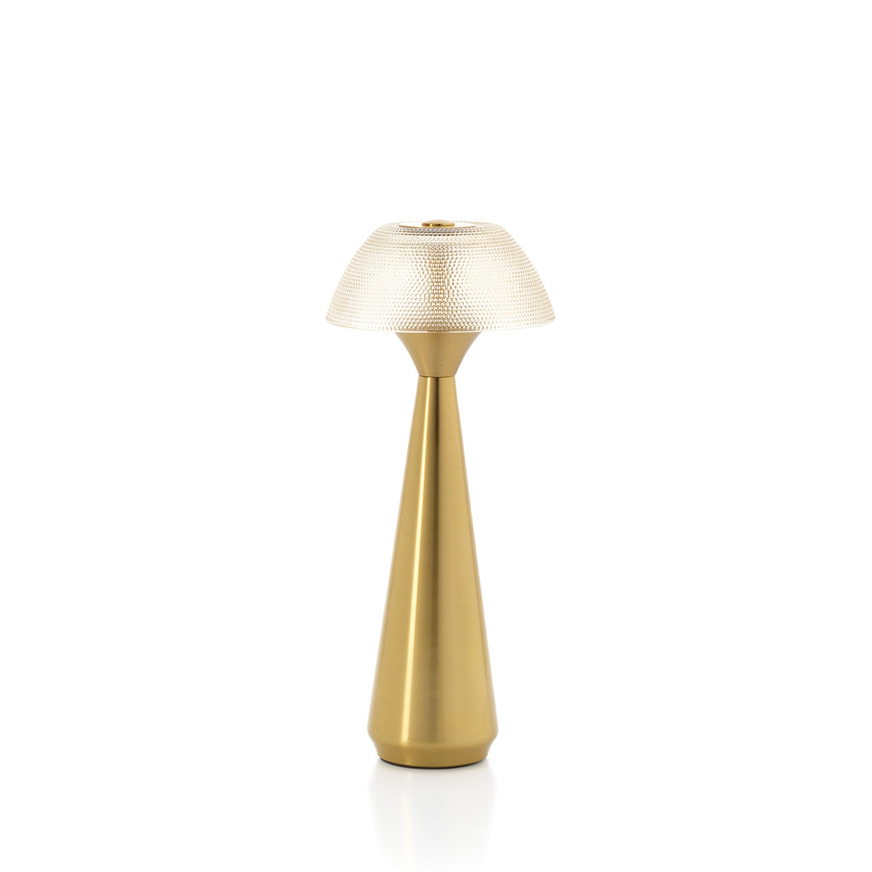 Gold table lamp with a textured shade on a white background