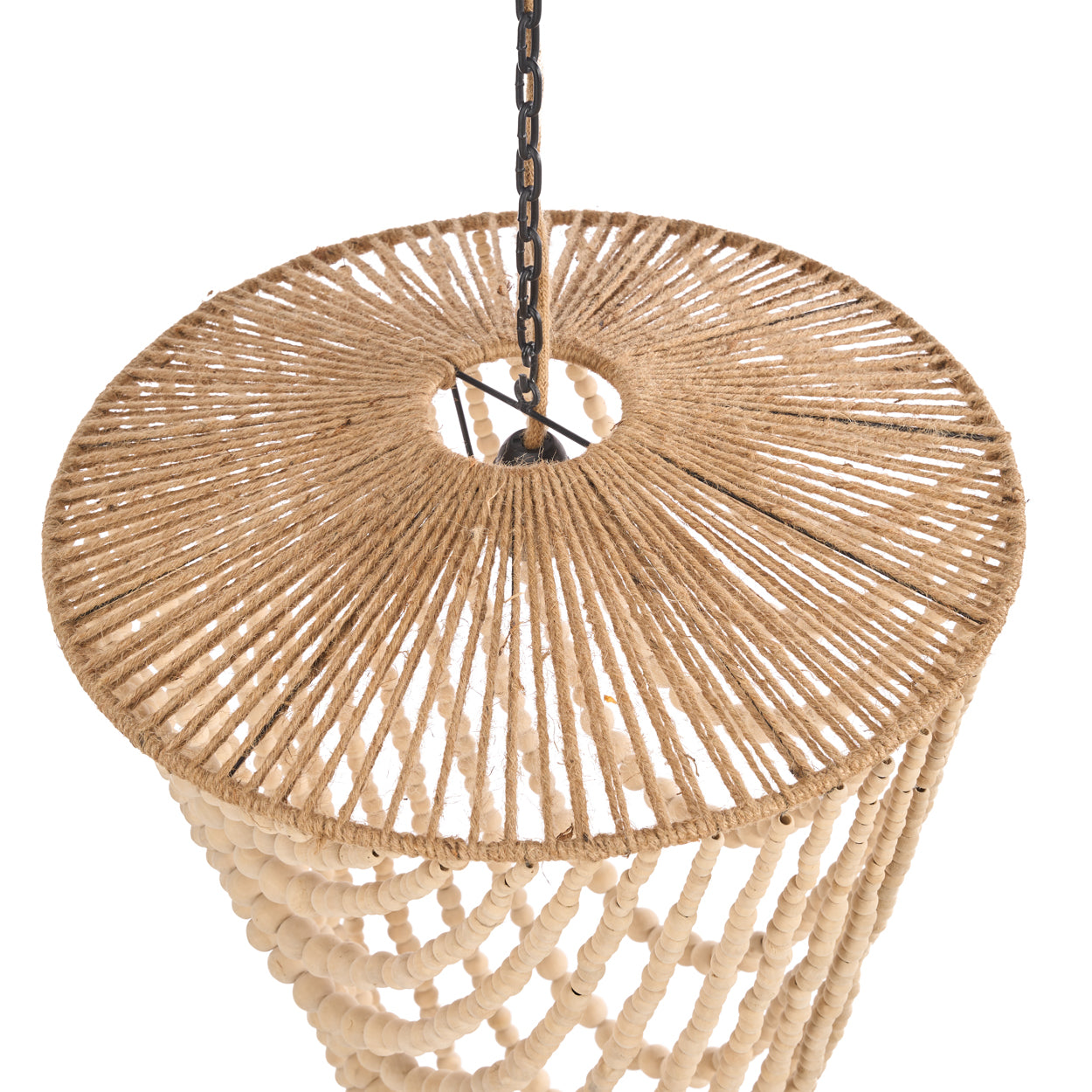 Wooden bead chandelier from top on a white background