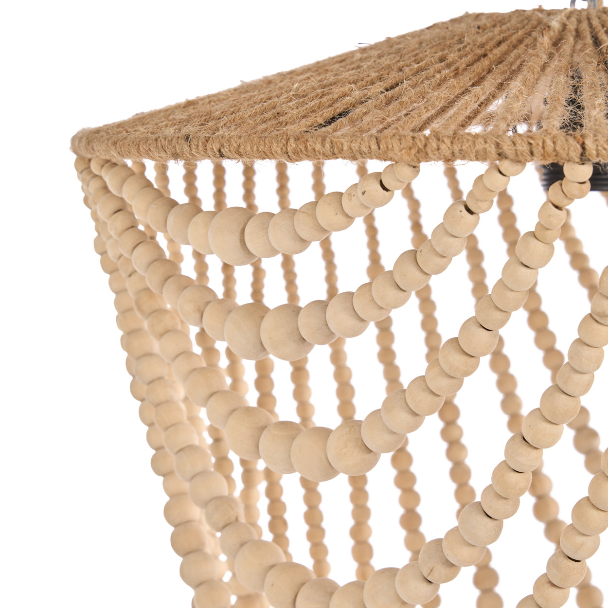 Close-up of a decorative chandelier with wooden beads on a white background
