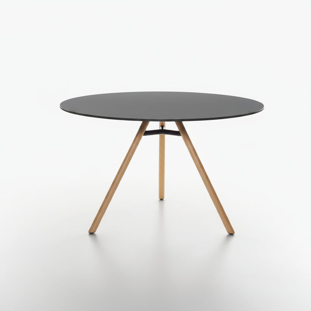 Round MART table with black FunderMAX table top and ash natural legs
