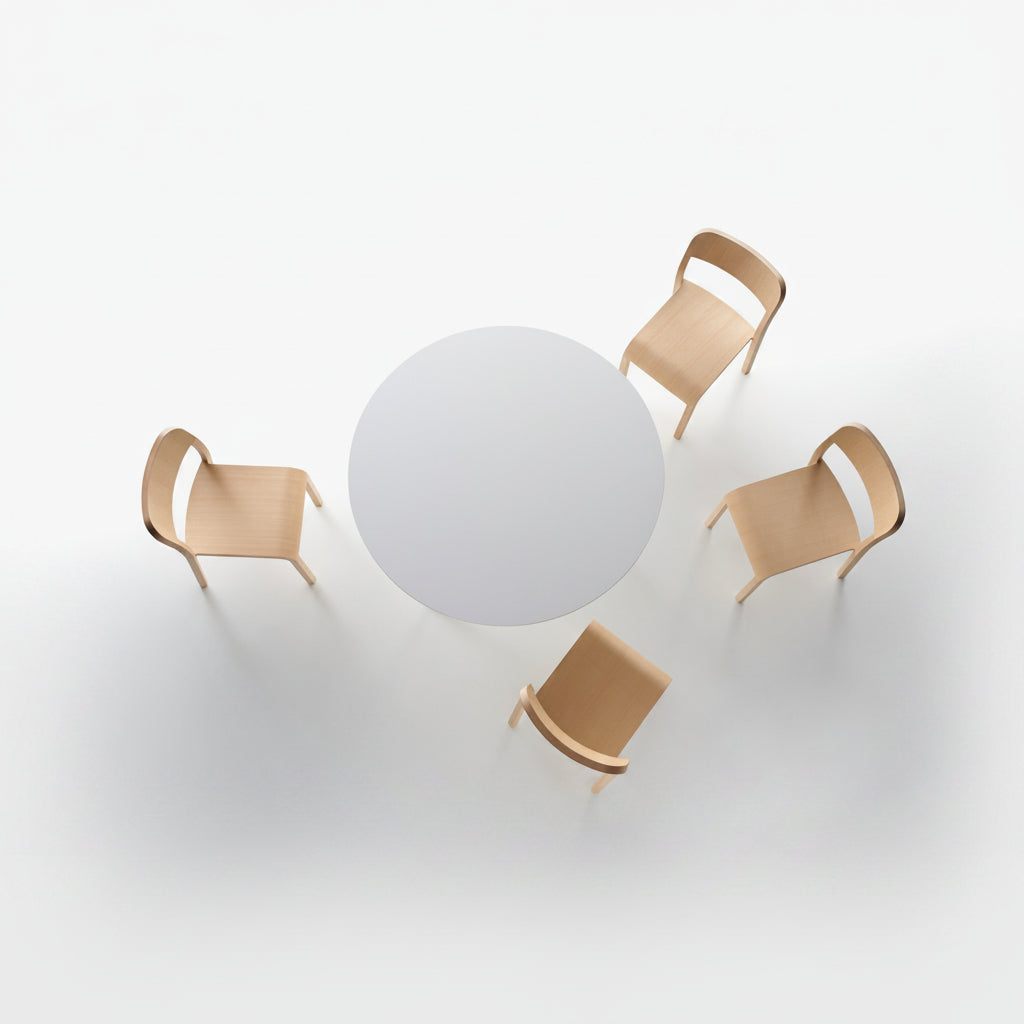 Four light wood chairs arranged around a round white MART table on a clean white background, viewed from a top-down angle.