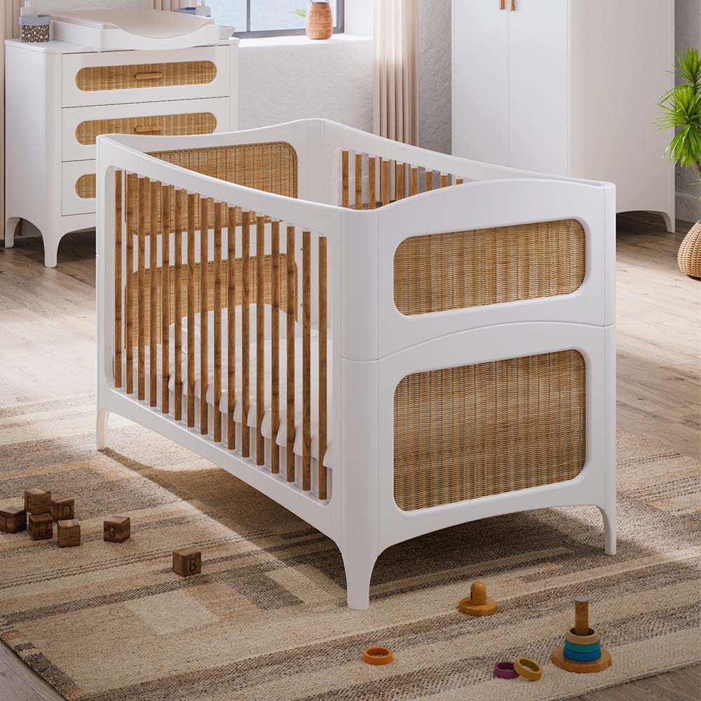 NEREIDES LIT Bed 70X140 - Neige with wicker sides in a room with toys on the floor