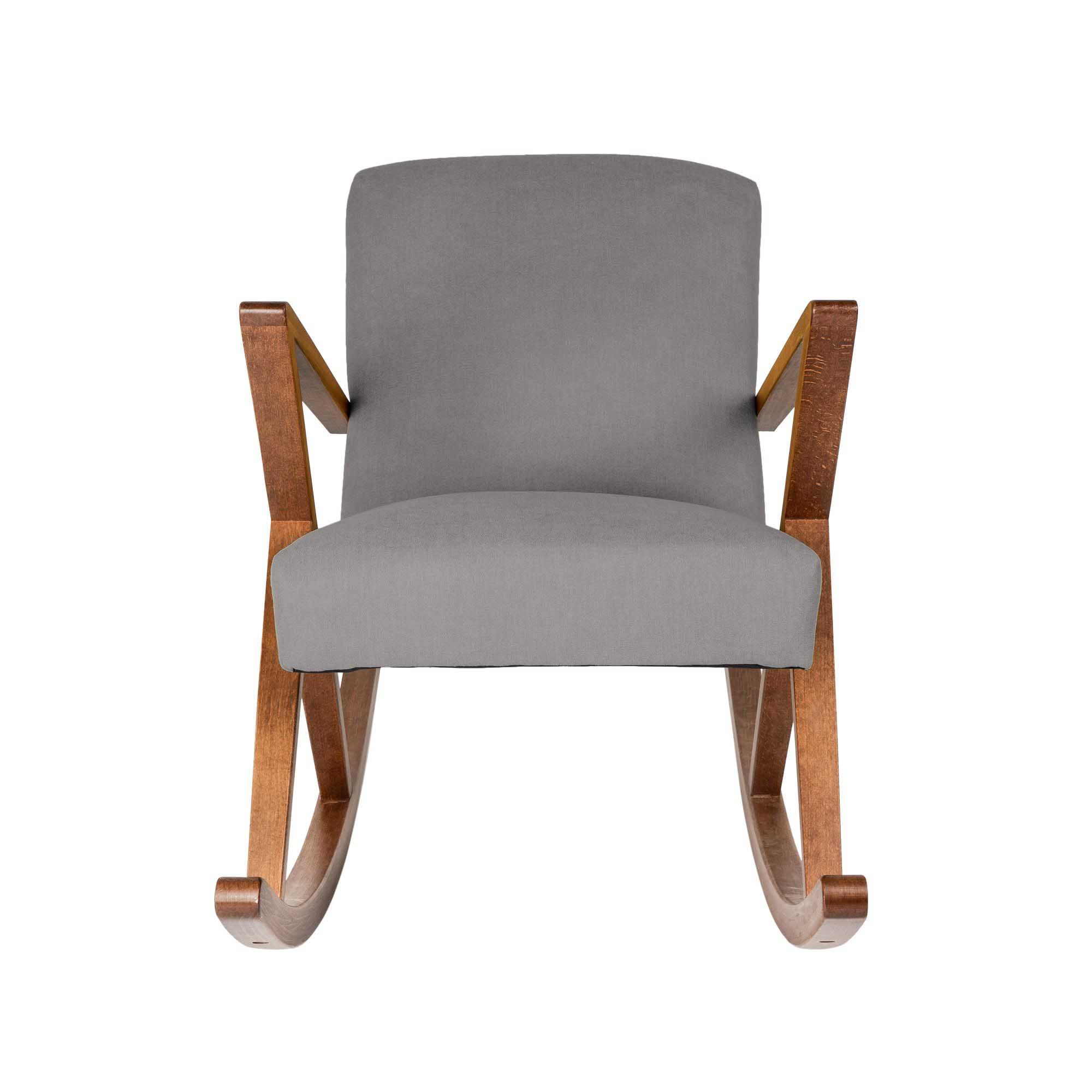 Rocking Chair, Beech Wood Frame, Walnut Colour grey fabric, front view