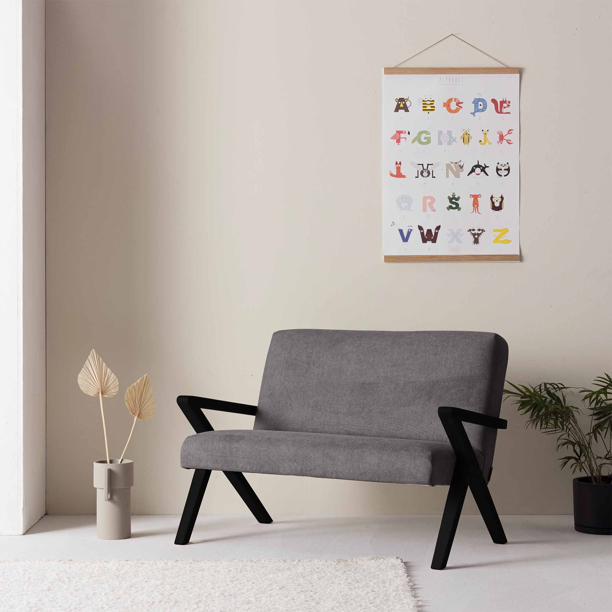 2-Seater Sofa, Beech Wood Frame, Black Lacquered grey fabric, half-side view interior view