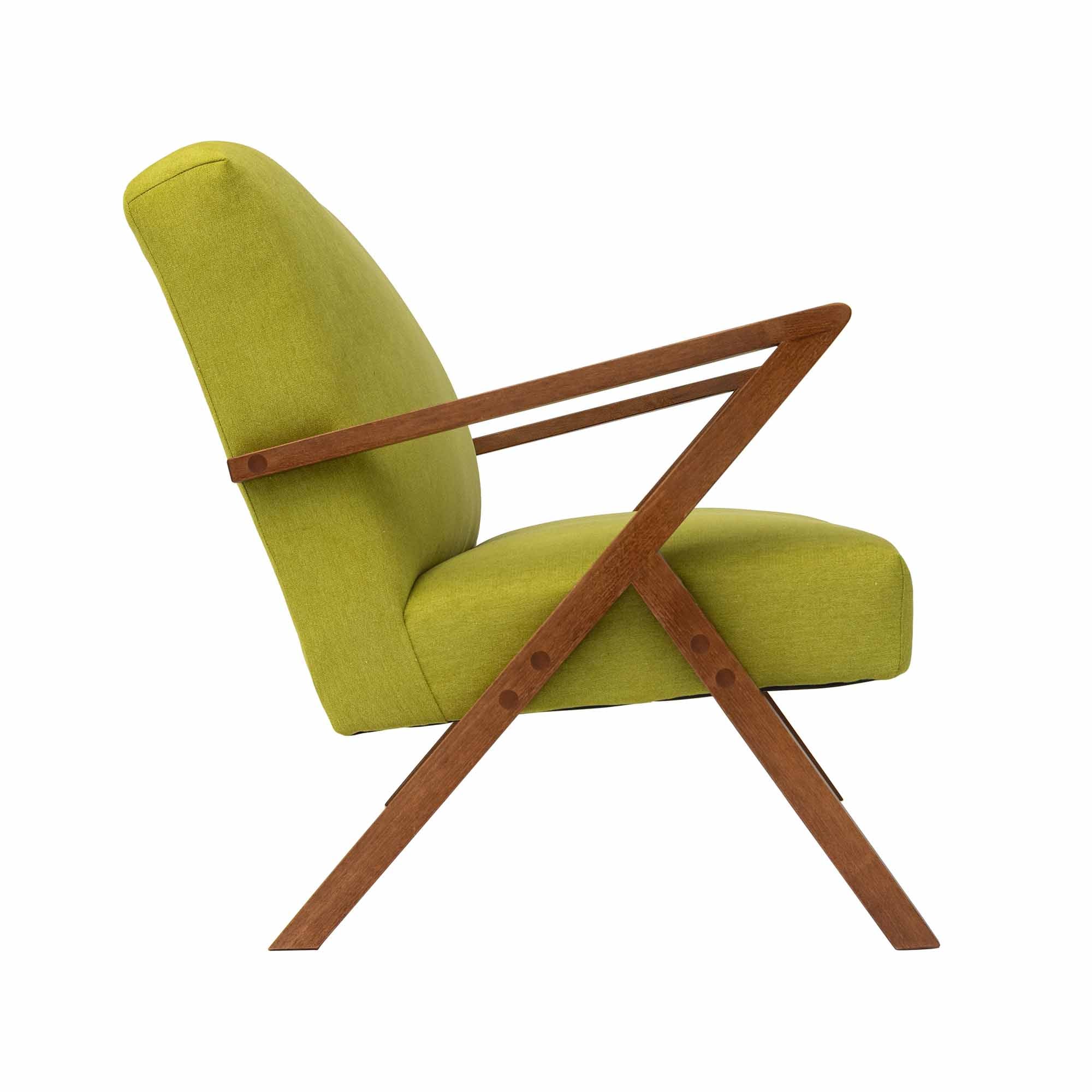 2-Seater Sofa, Beech Wood Frame, Walnut Colour green fabric, side view