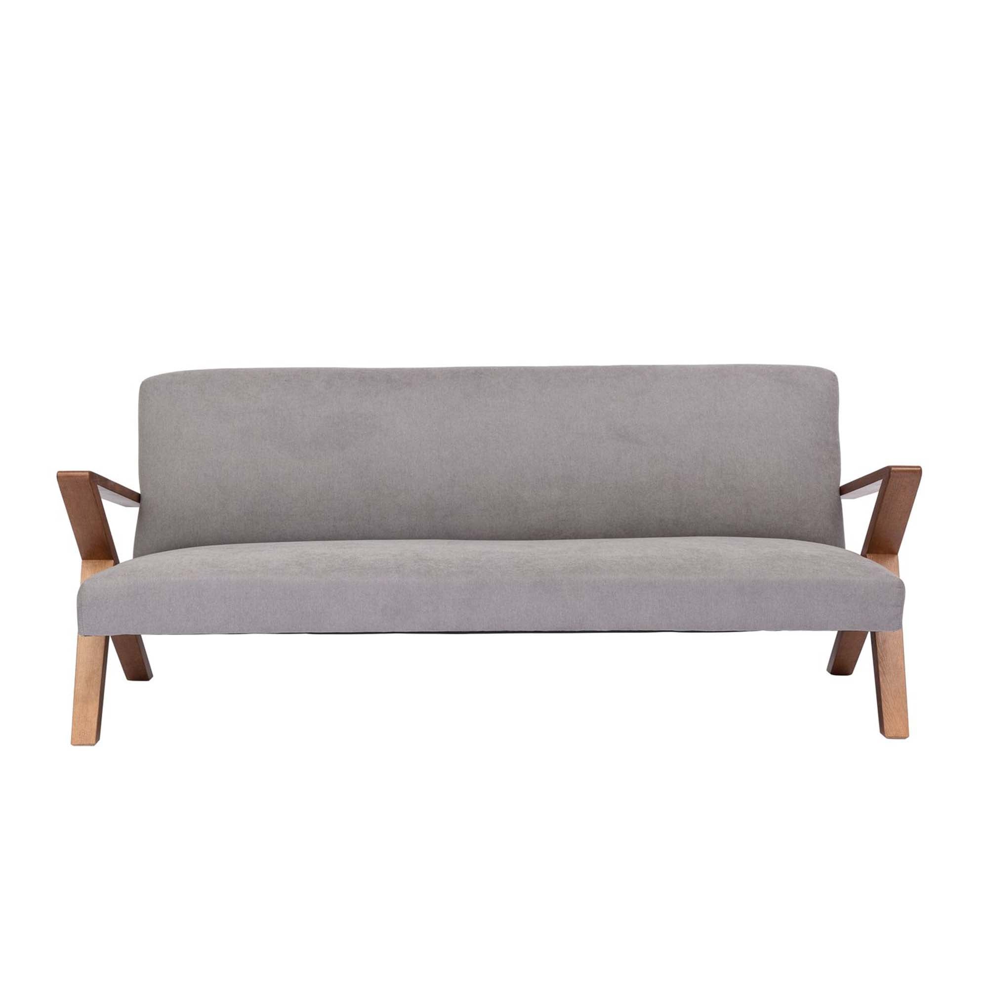 4-seater Sofa Beech Wood Frame, Walnut Colour grey fabric, front view
