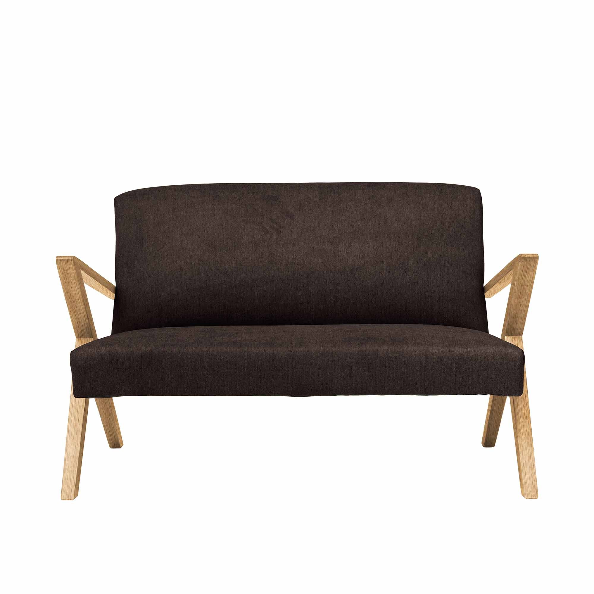 2-Seater Sofa, Oak Wood Frame, Natural Colour brown fabric, front view