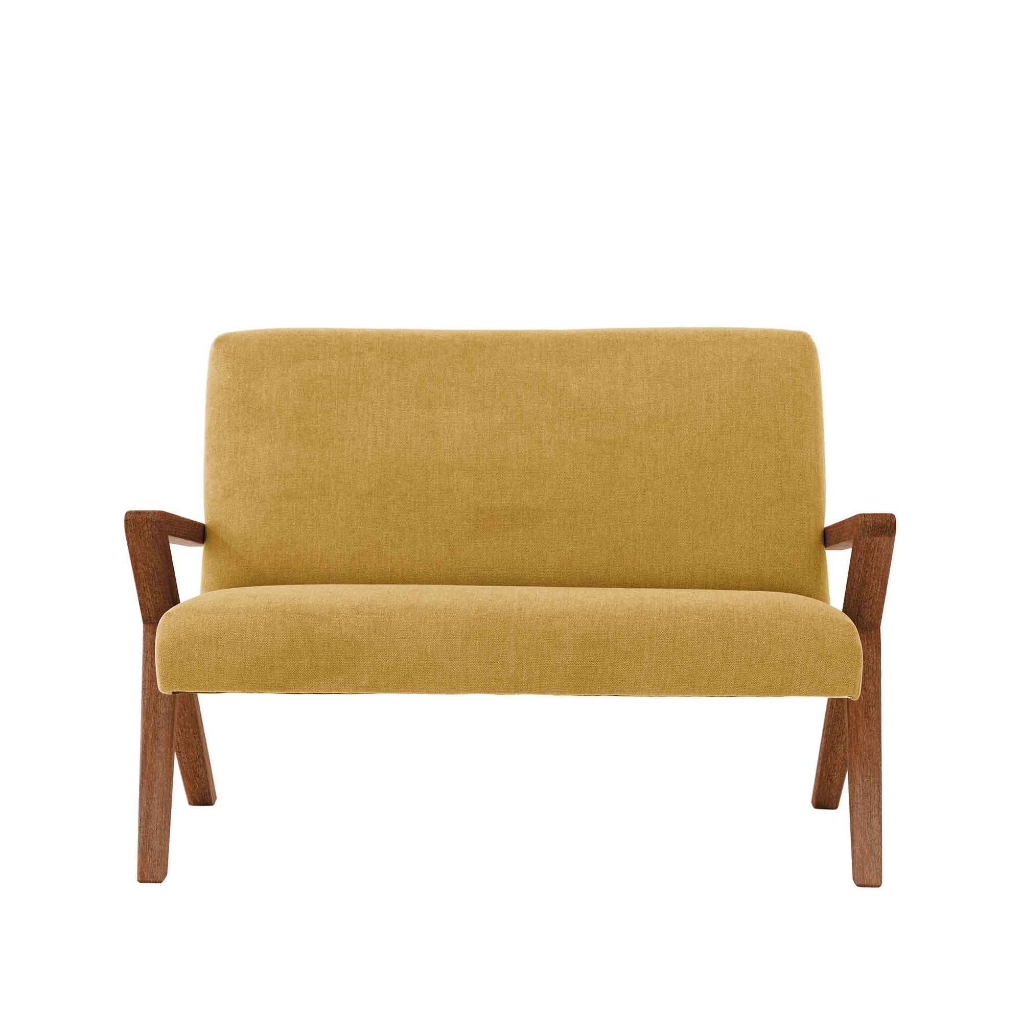 2 Seater Sofa, Beech Wood Frame, Walnut Colour yellow upholstery, front view