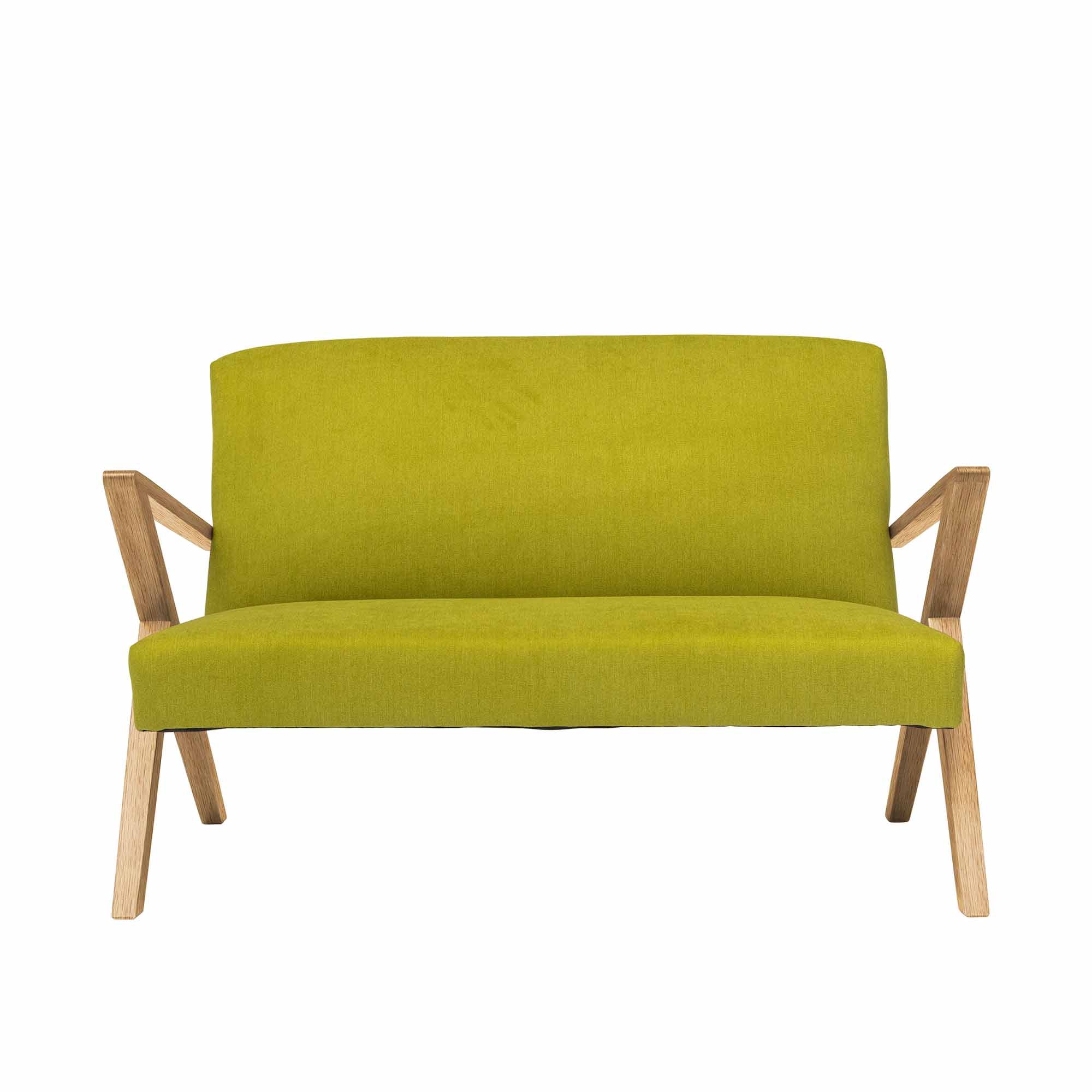 2-Seater Sofa, Oak Wood Frame, Natural Colour green fabric, front view