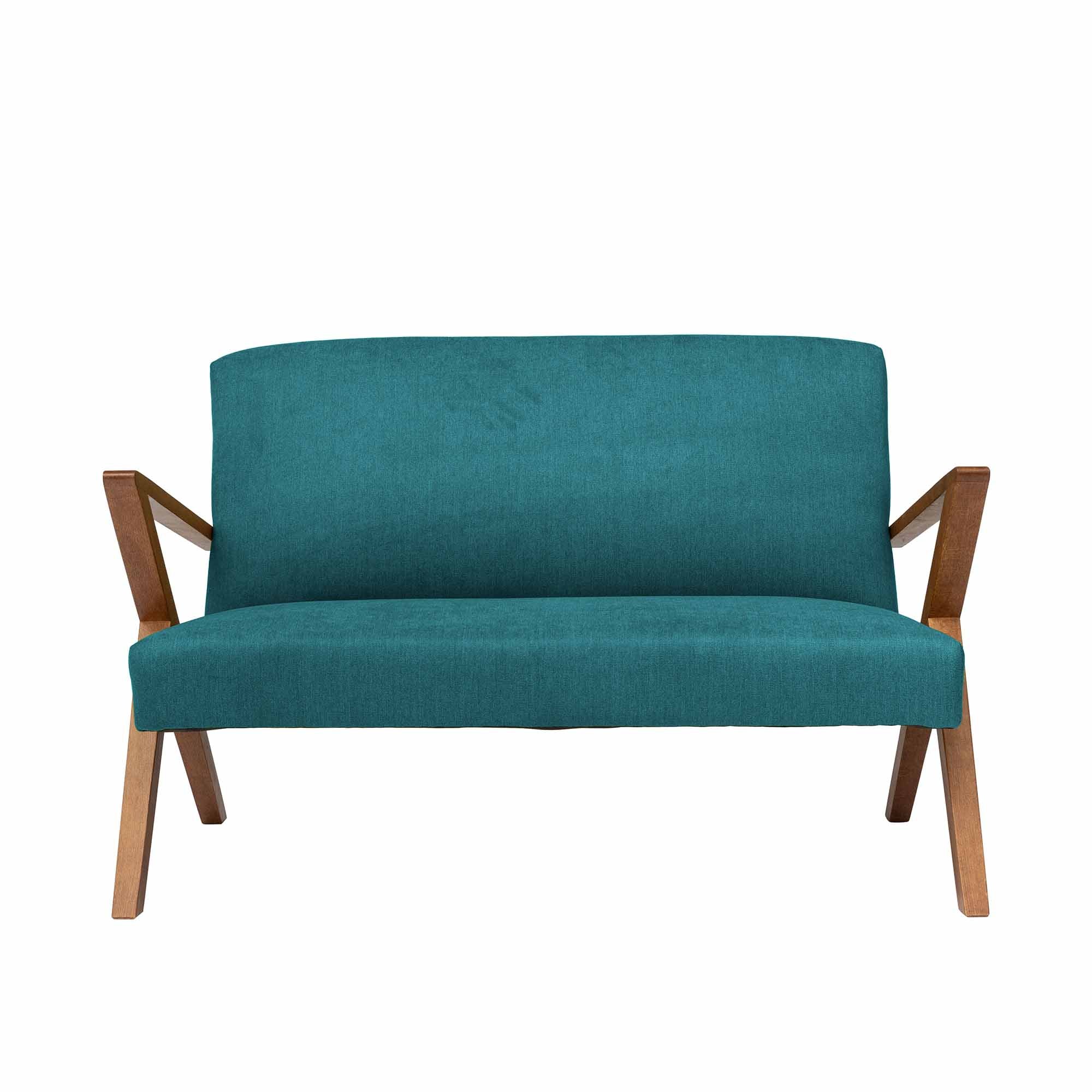 2-Seater Sofa, Beech Wood Frame, Walnut Colour blue fabric, front view