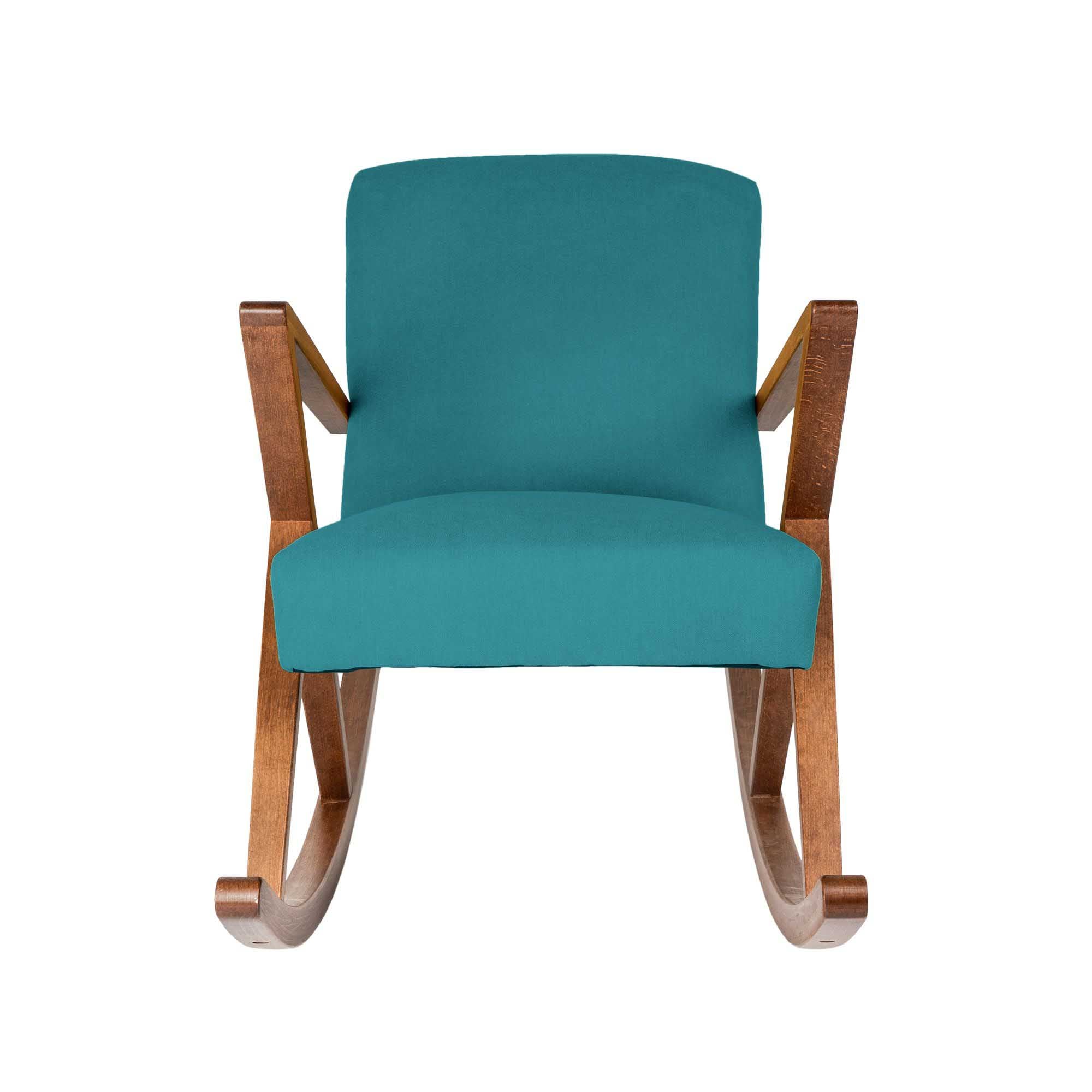 Rocking Chair, Beech Wood Frame, Walnut Colour blue fabric, front view