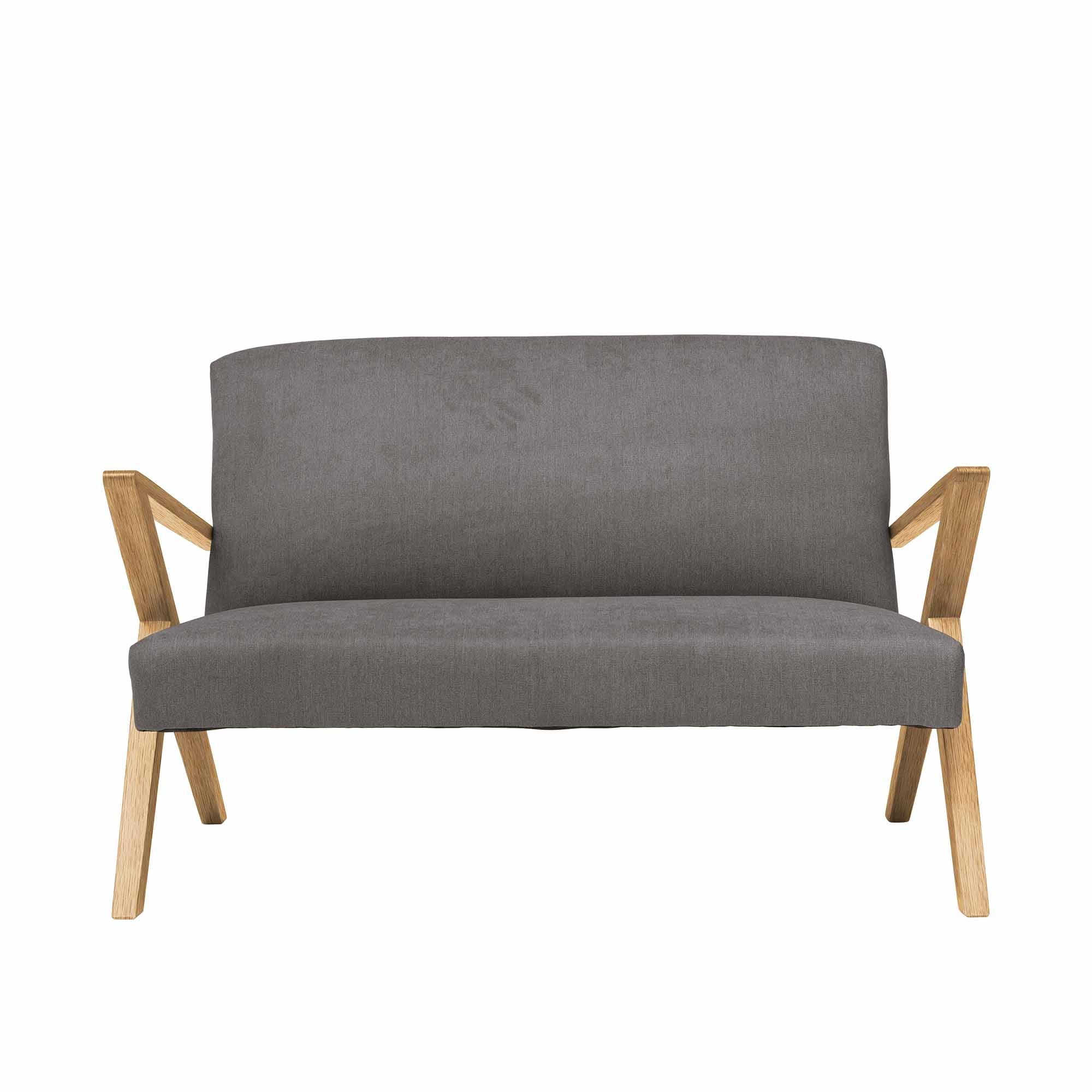 2-Seater Sofa, Oak Wood Frame, Natural Colour grey fabric, front view