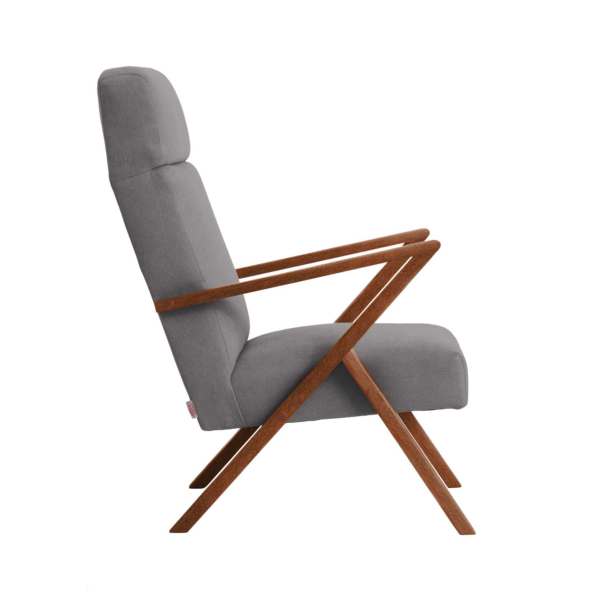 Lounge Chair, Beech Wood Frame, Walnut Colour grey fabric, side view