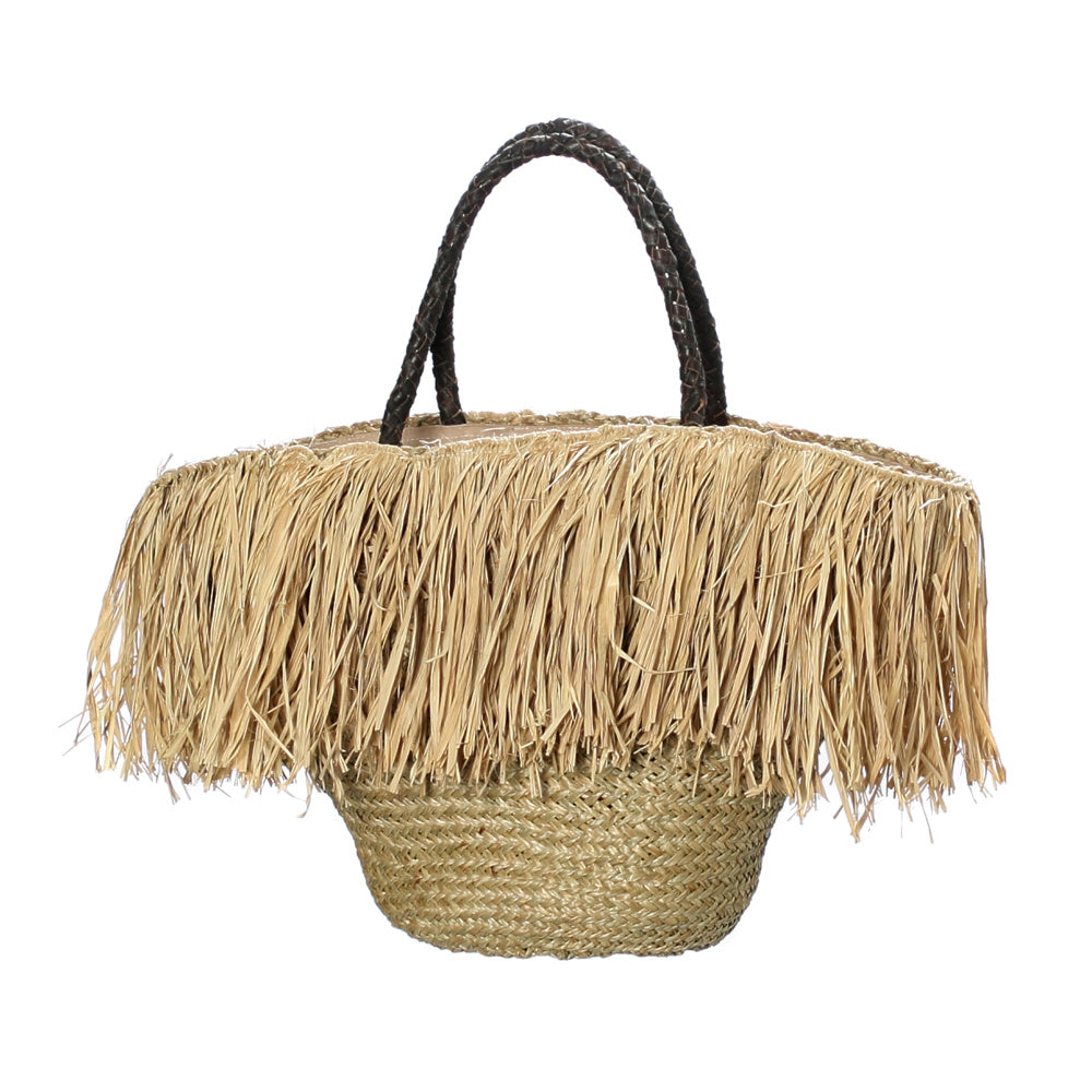 THE FRINGE RAFFIA Korb mit Ledergriff - naturbelassen