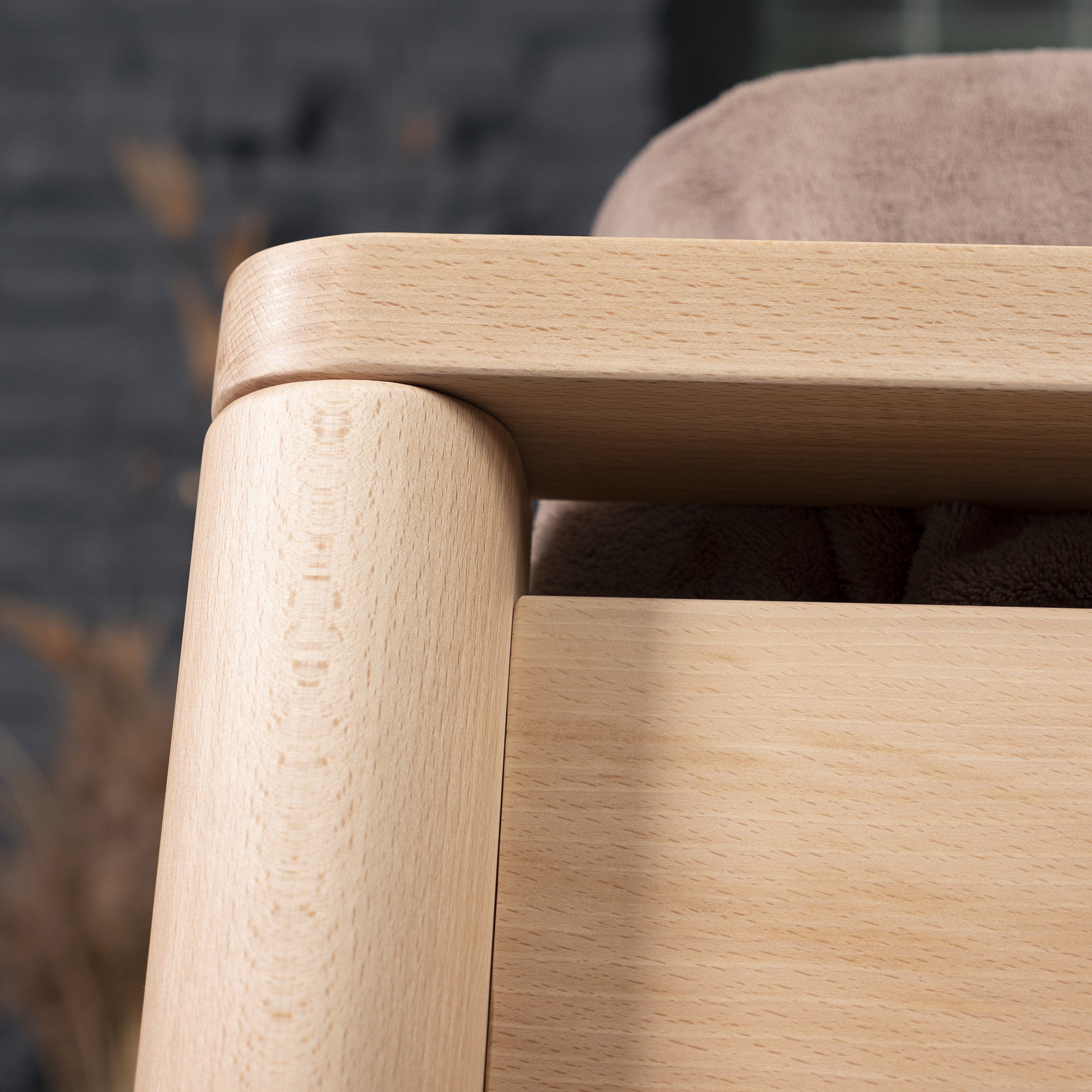DROP HARD Double Bed, Beech Wood armrest detail crop view