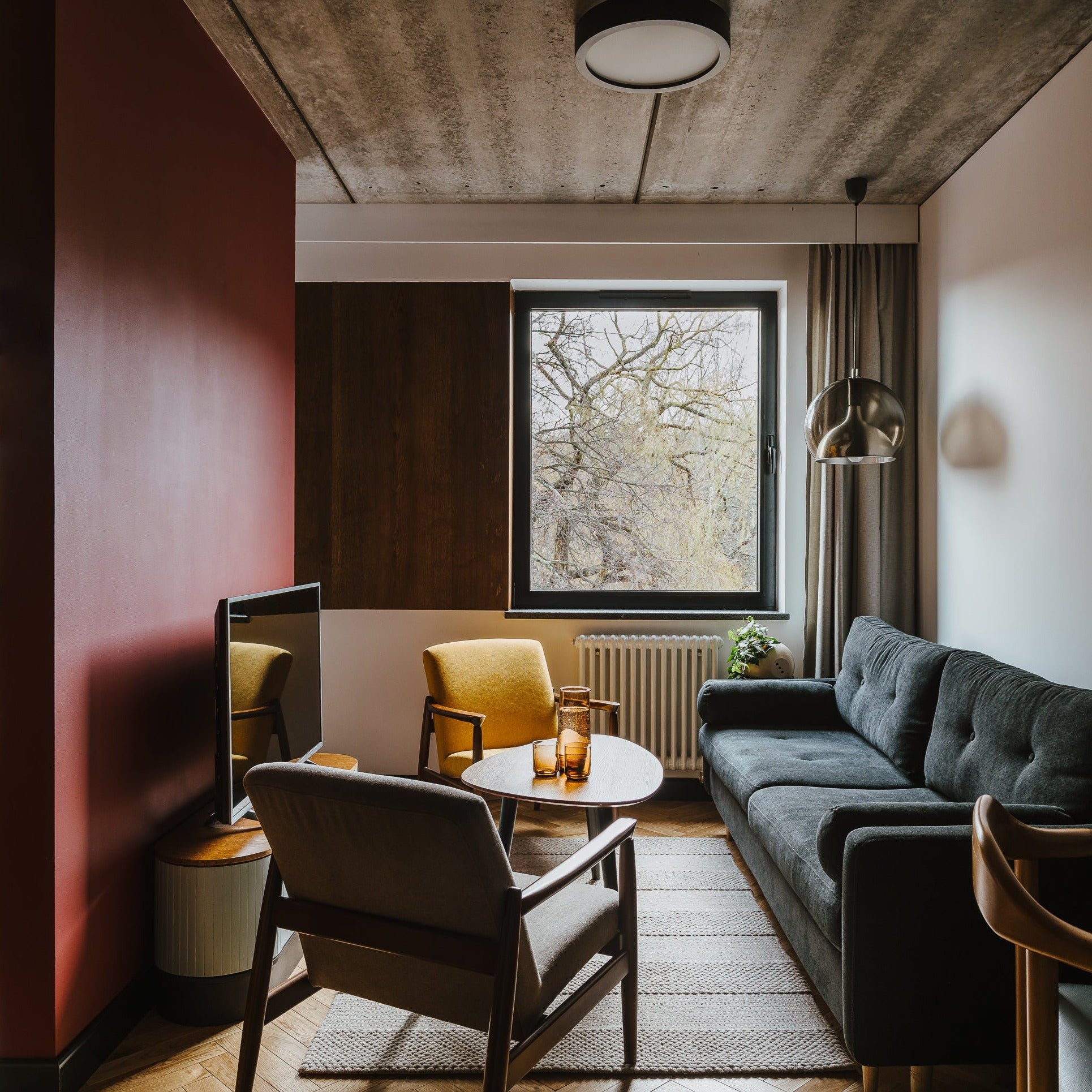 H 64 Lowback Chair oak frame upholstery colour yellow and grey interior view