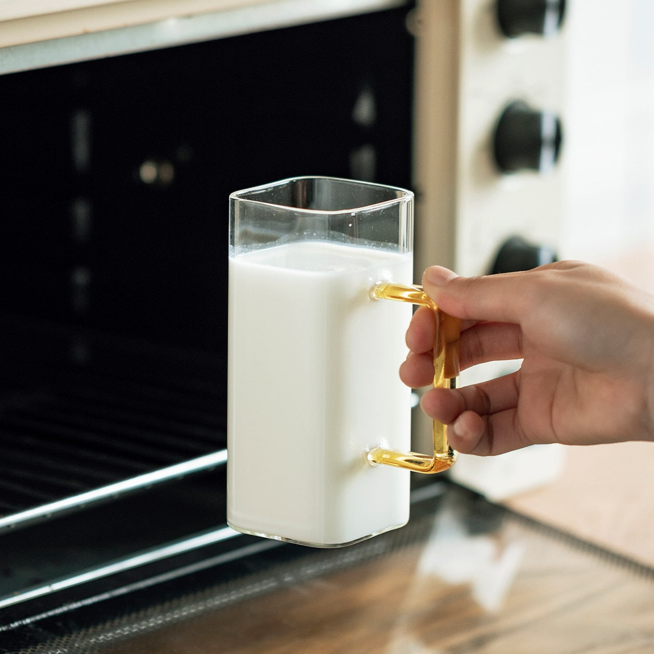 Square Glass Mug With Colourful Handle with milk yellow handle