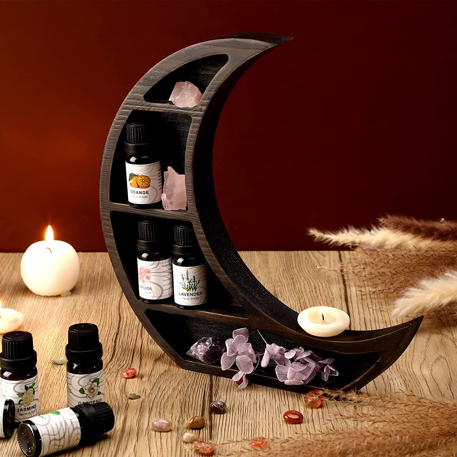 Mondregal aus Holz für Kristalle