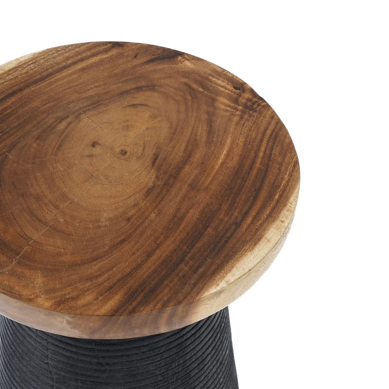 Wooden side table with a textured surface on a white background