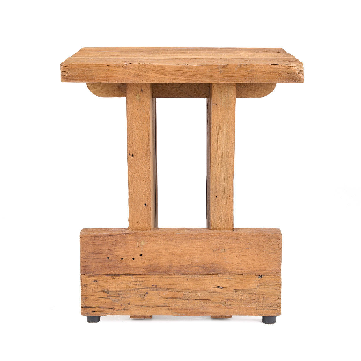 Teak wood stool with a rustic design on a white background