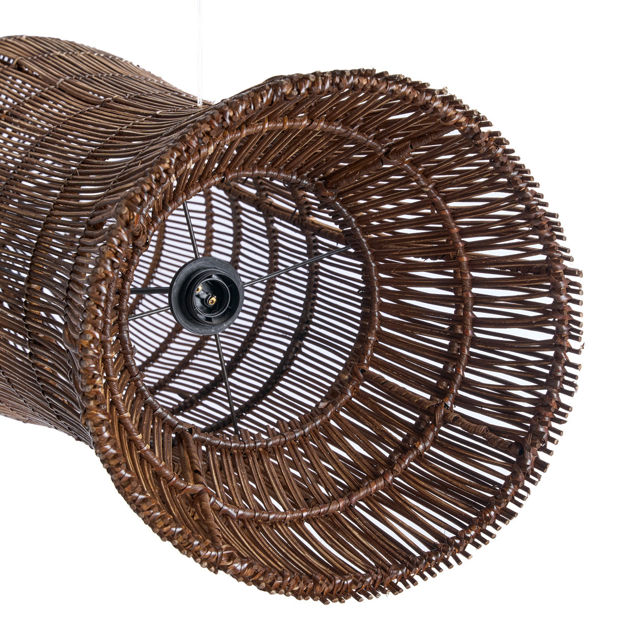 The Oasis Tower Pendant - Dark Walnut - XL with a central light bulb on a white background