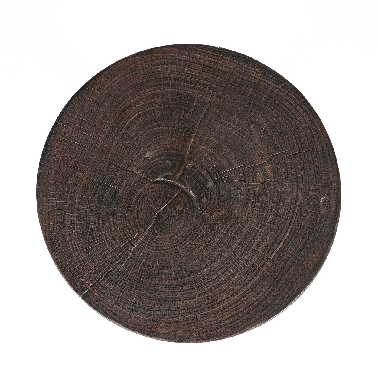 Round top of wooden side table on a white background