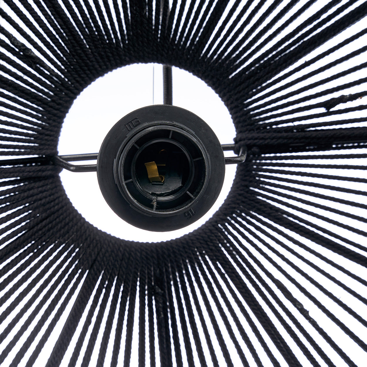 Close-up of a black pendant lamp with a central socket