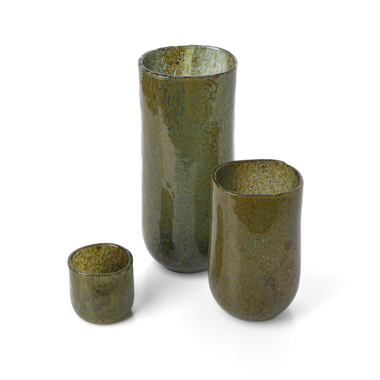 Three green glass vases of different sizes on a white background