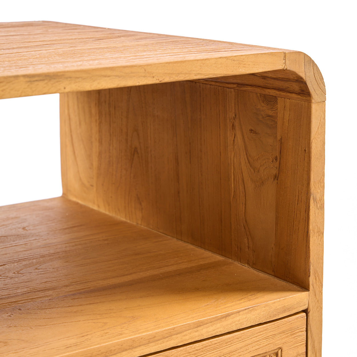 Wooden drawer of a bedside table on a white background