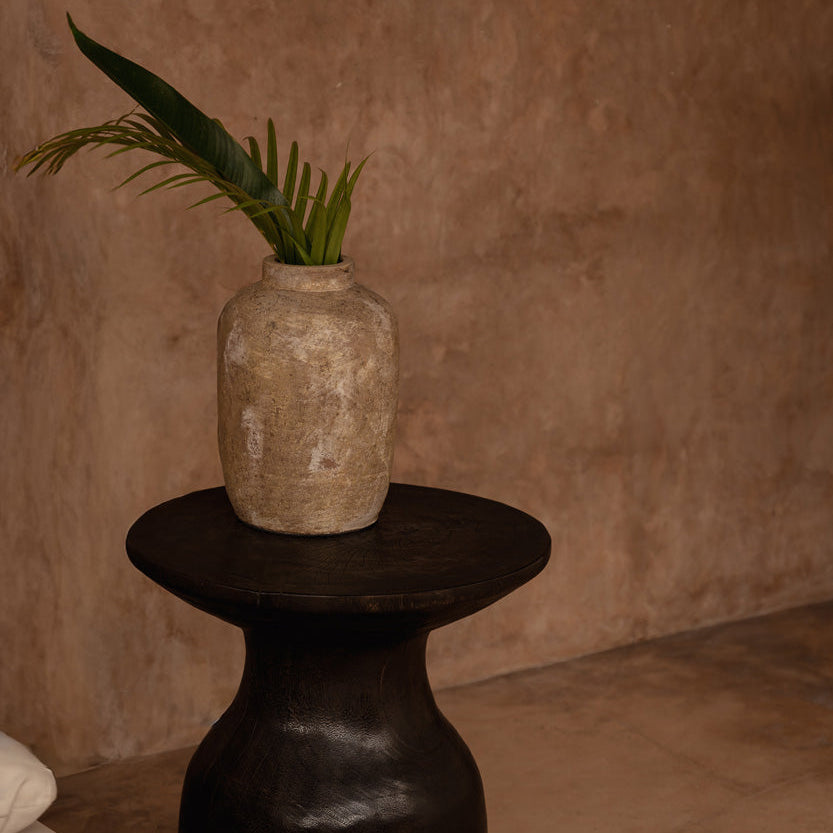 Vase with greenery on a black side table against a brown wall