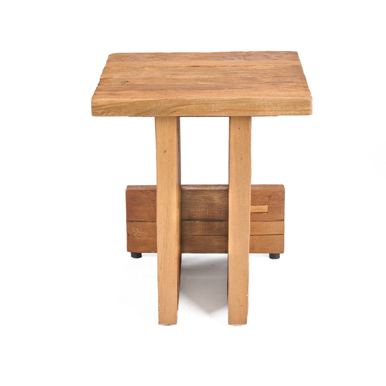 Back view of wooden stool on a white background