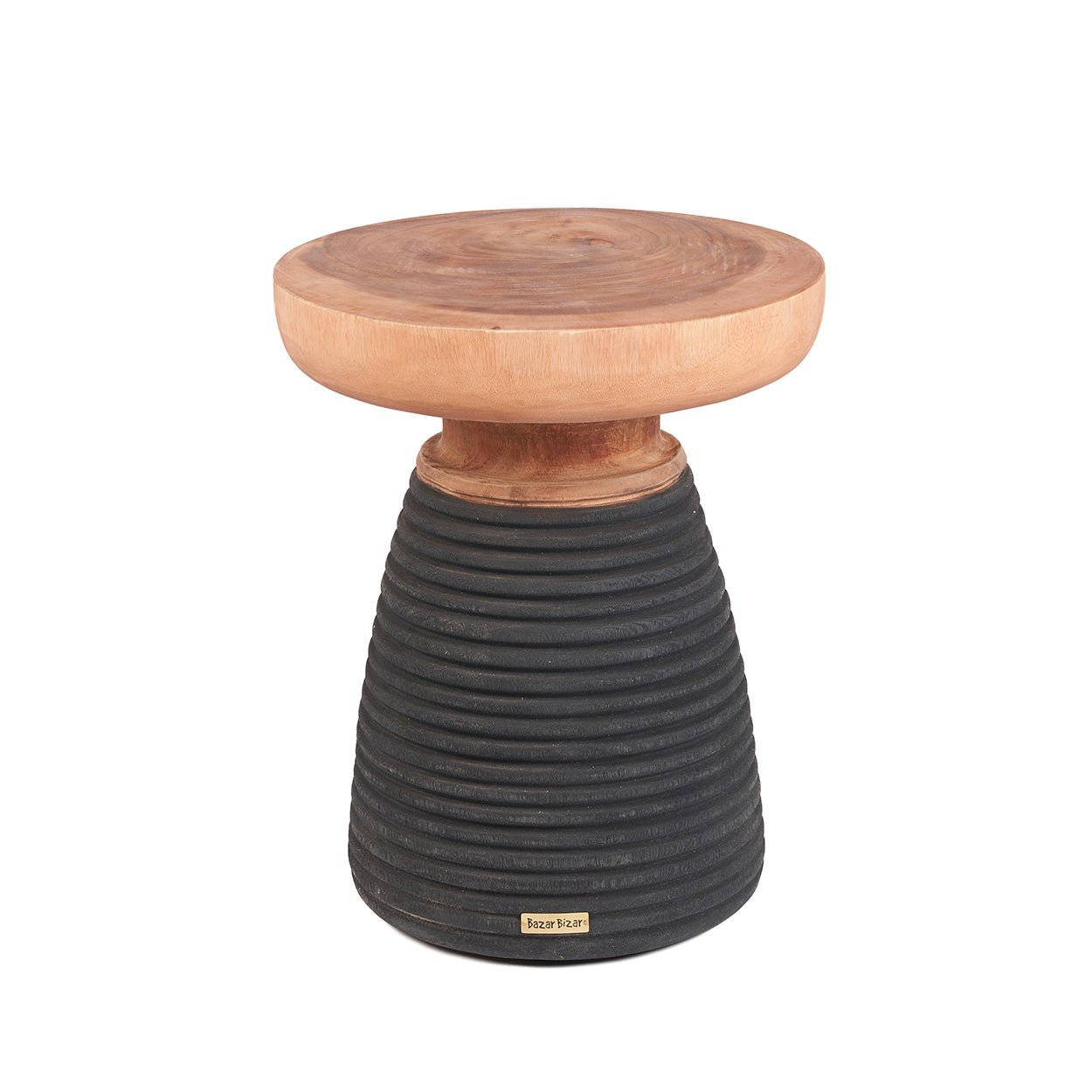 Wooden side table with a black base on a white background