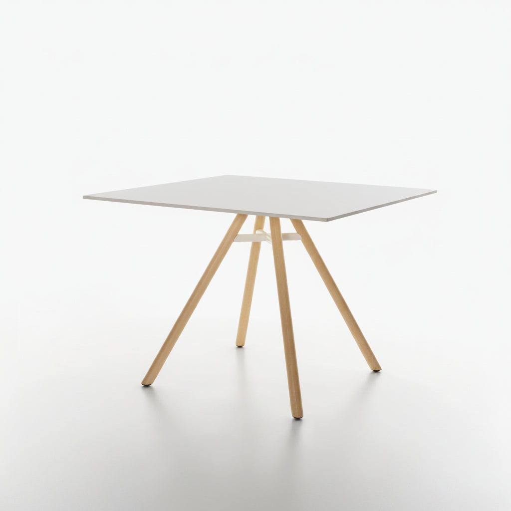 Square MART table with white HPL FunderMAX tabletop and ash natural legs