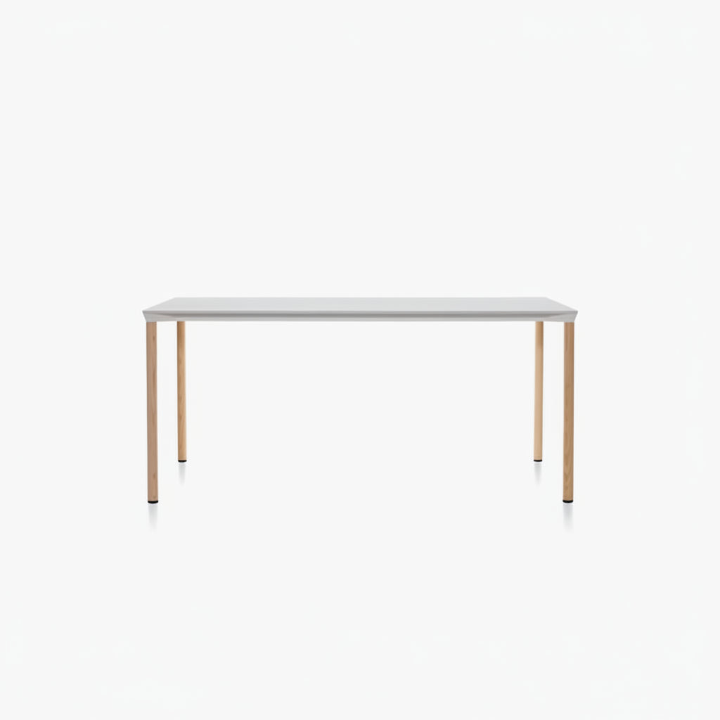 MONZA rectangle table with white HPL table top and ash natural lacquered legs on a white background