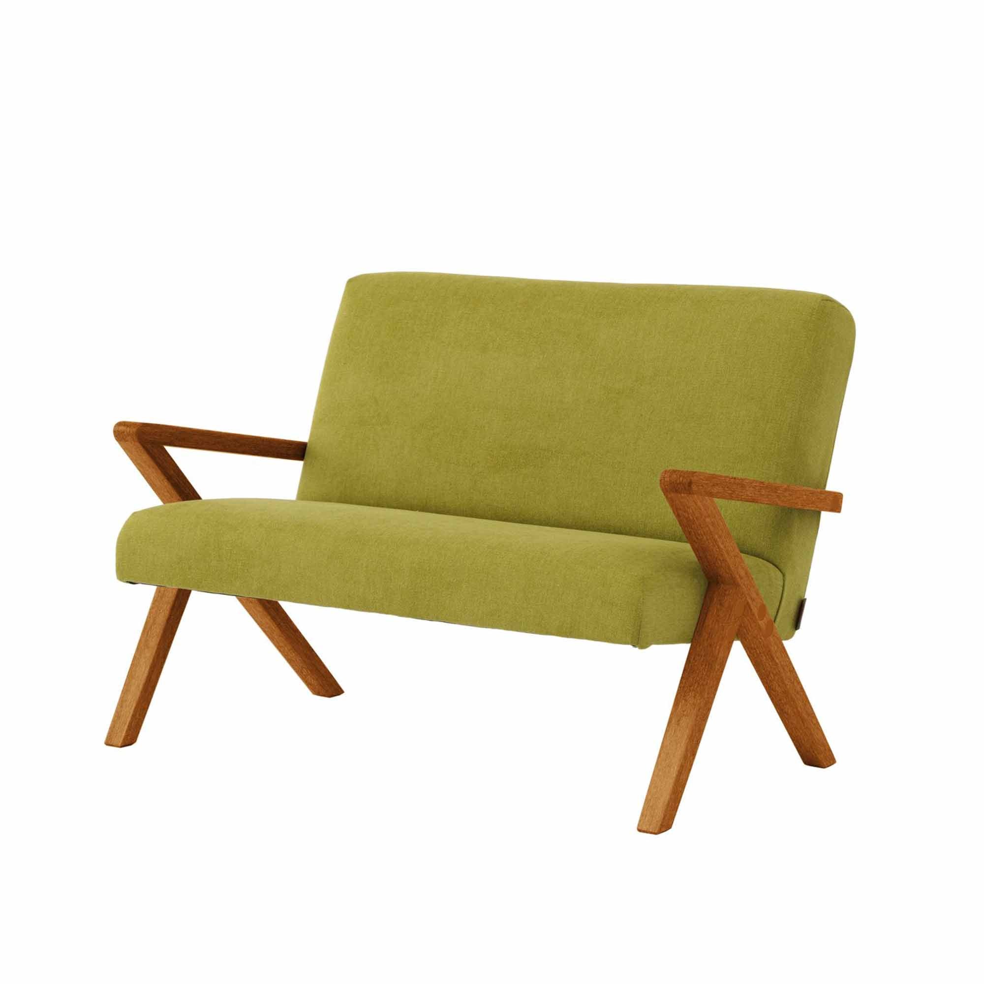 2-Seater Sofa, Beech Wood Frame, Oak Colour green fabric, half-side view
