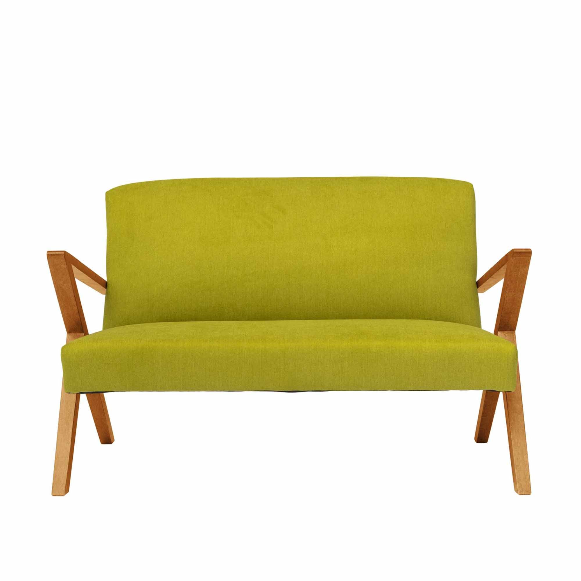 2-Seater Sofa, Beech Wood Frame, Oak Colour green fabric, front view