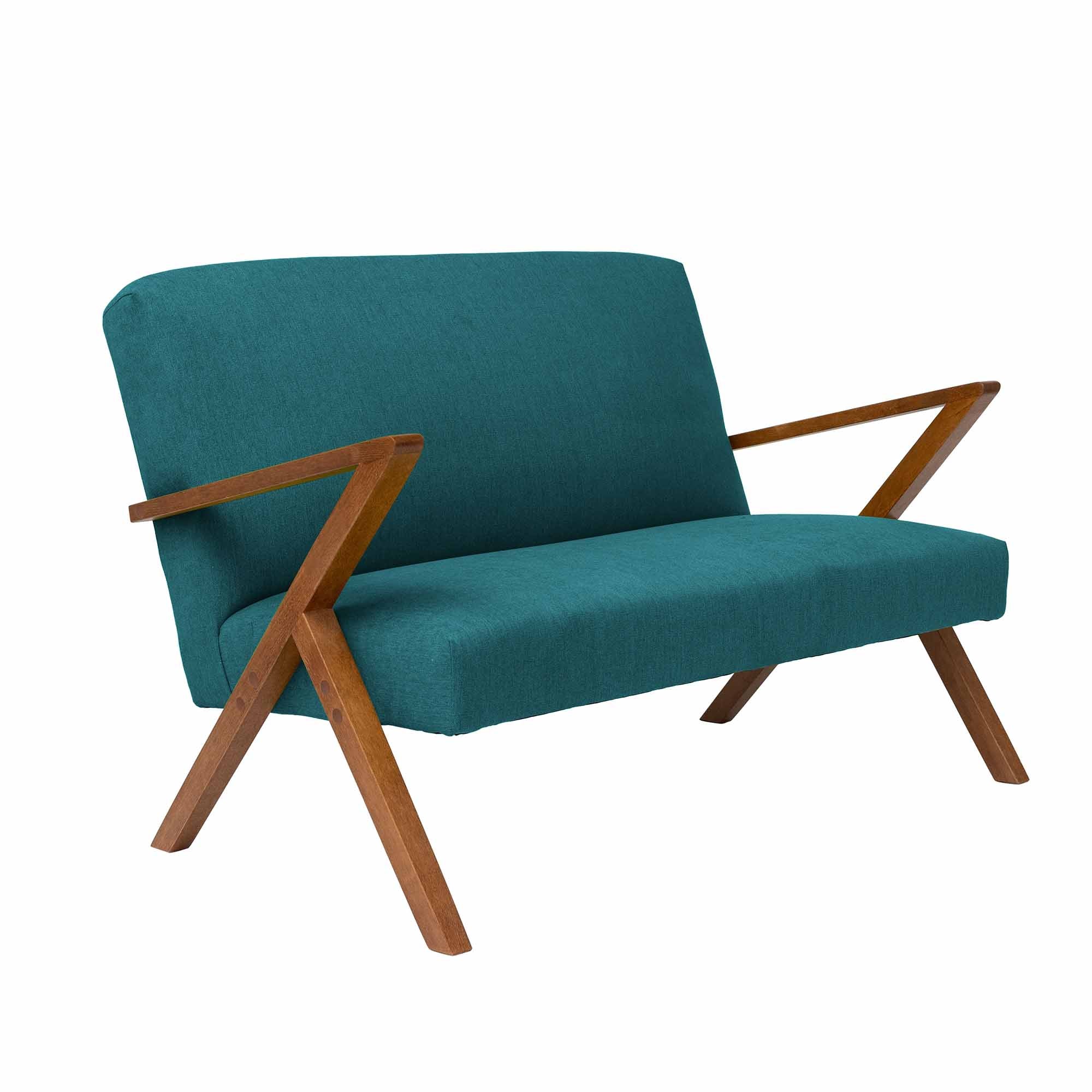  2-Seater Sofa, Beech Wood Frame, Walnut Colour blue fabric, half-side view
