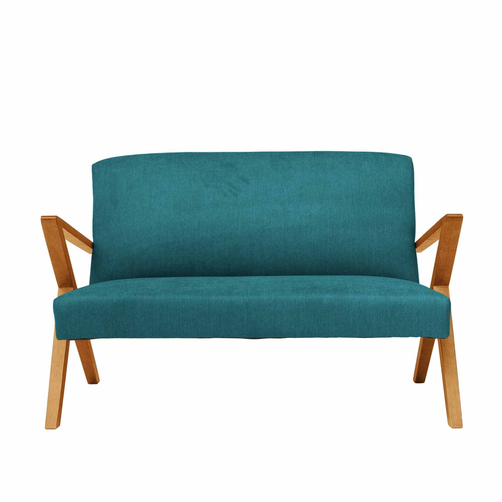 2-Seater Sofa, Beech Wood Frame, Oak Colour blue fabric, front view