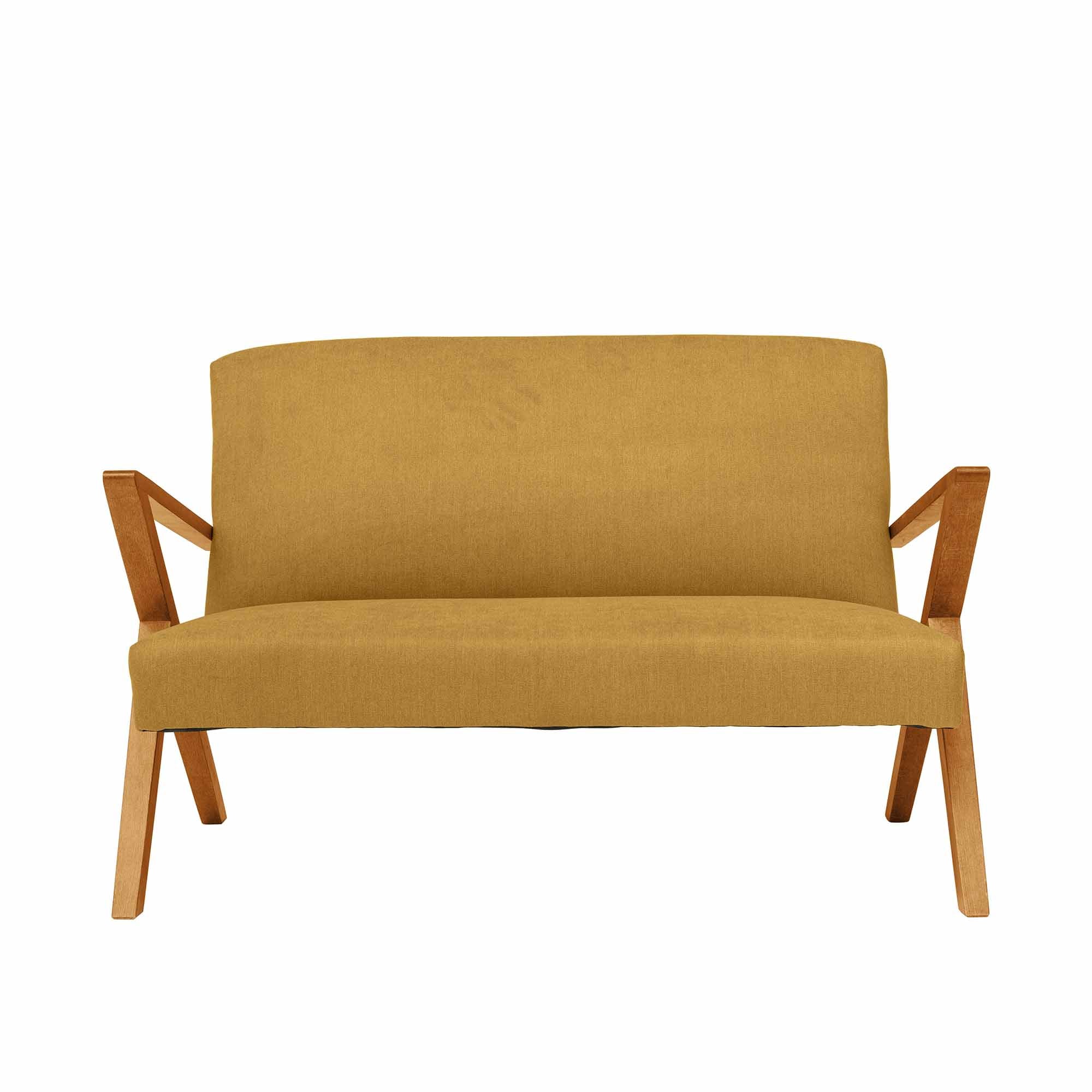 2-Seater Sofa, Beech Wood Frame, Oak Colour yellow fabric, front view