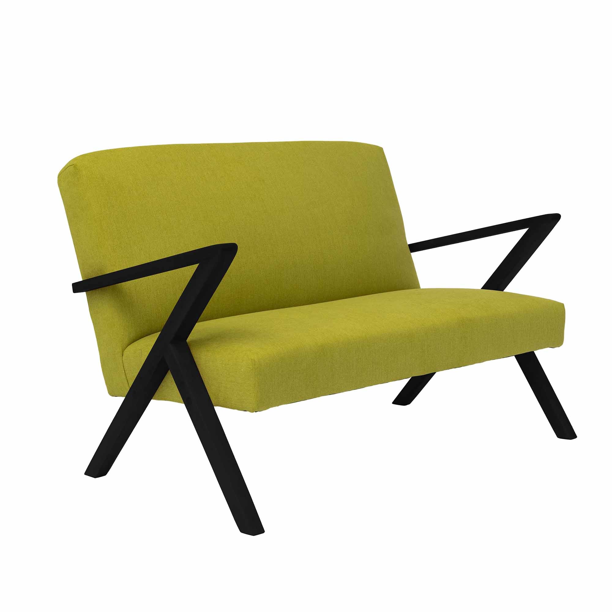 2-Seater Sofa, Beech Wood Frame, Black Lacquered green fabric, half-side view
