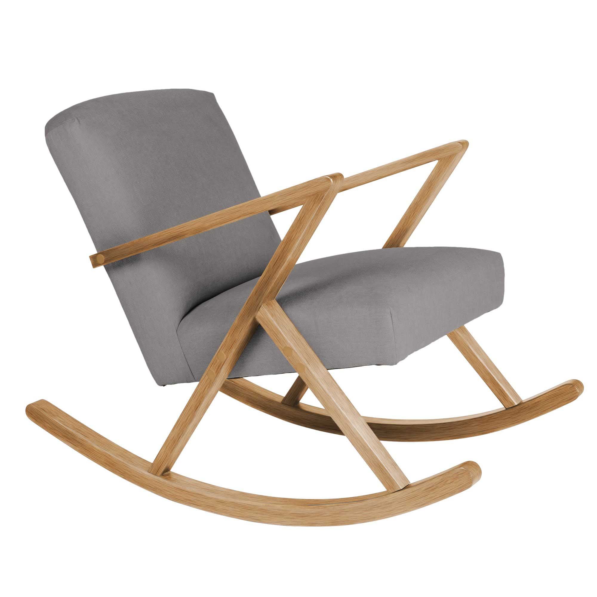 Rocking Chair, Oak Wood Frame, Natural Colour grey fabric, right-side view