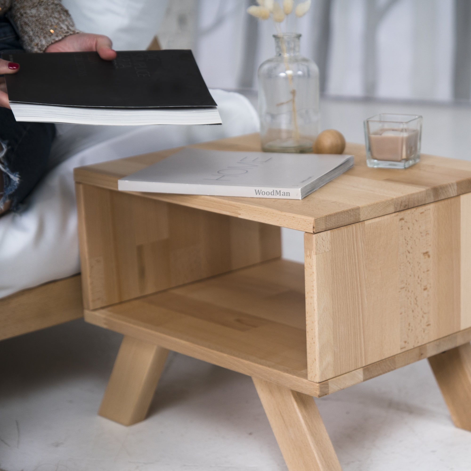 ALLEGRO bedside table interior view, beech wood in natural colour