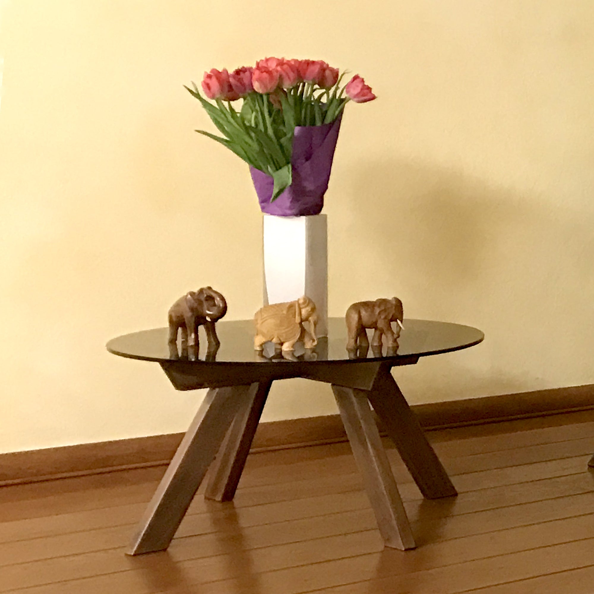 ALLEGRO Coffee Table, Beech Wood and Tinted Glass-natural frame colour-interior front view with vase