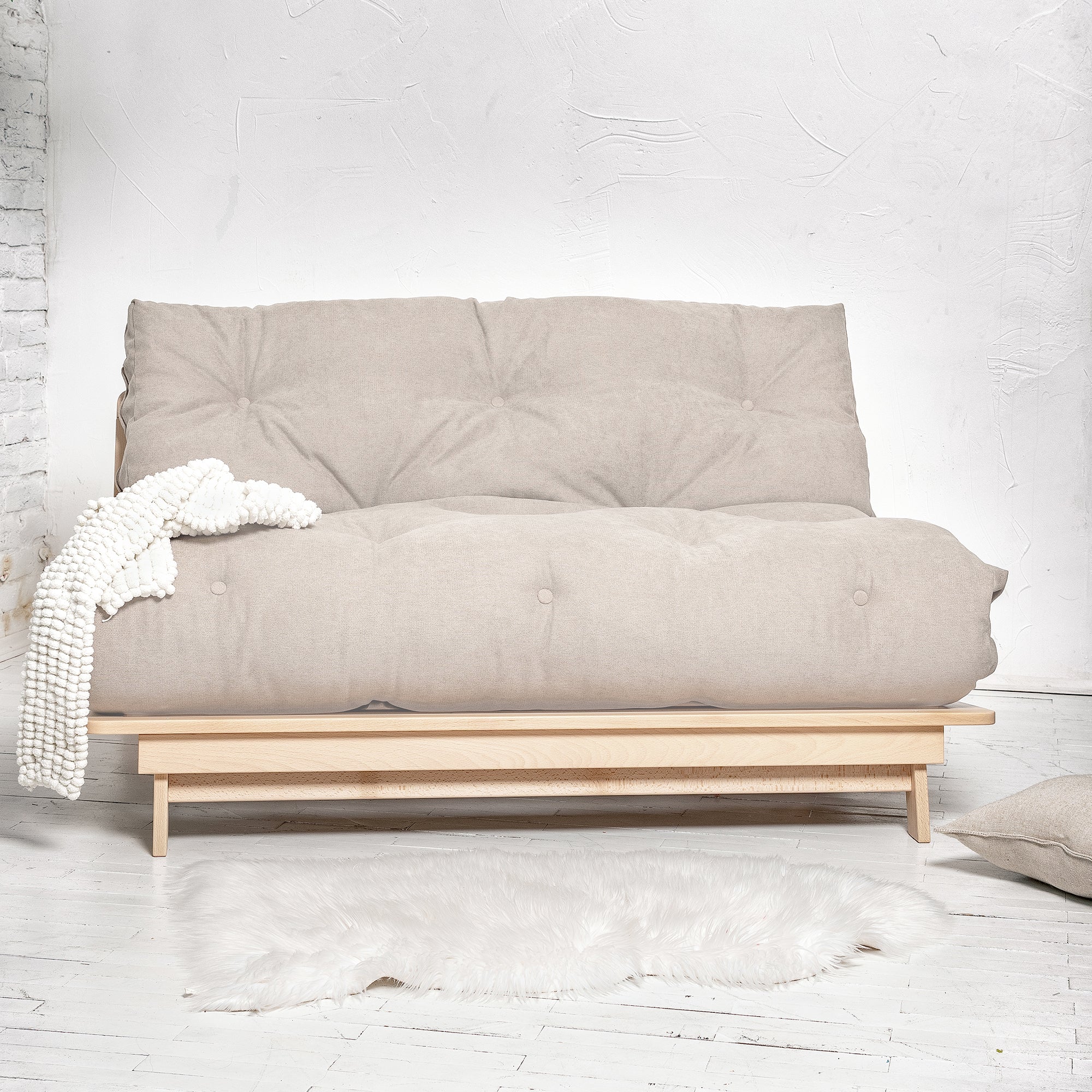 LAYTI-140 Futon Chair, Beech Wood, Natural Colour-beige fabric-interior front view