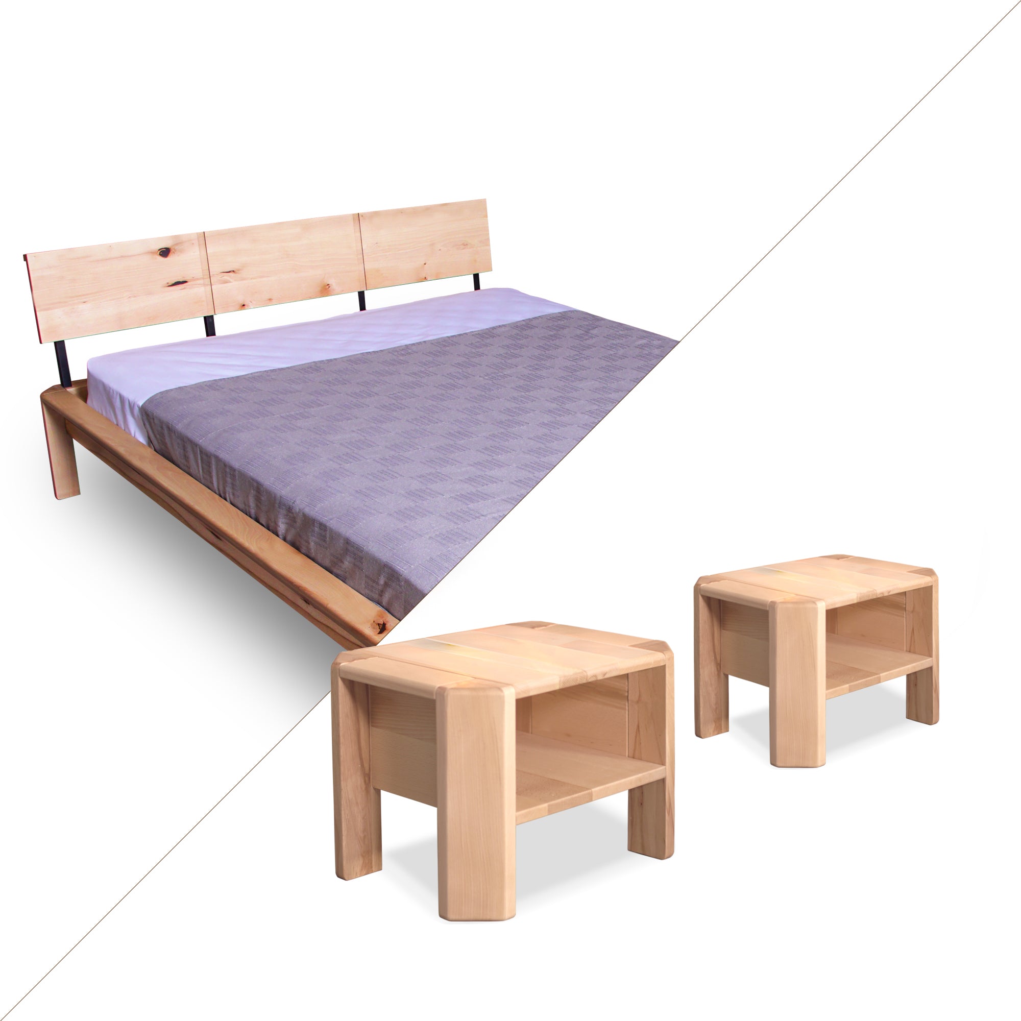 Bedroom Set LOFT, Bed with 2 Bedside Tables, Natural Colour-tables without doors