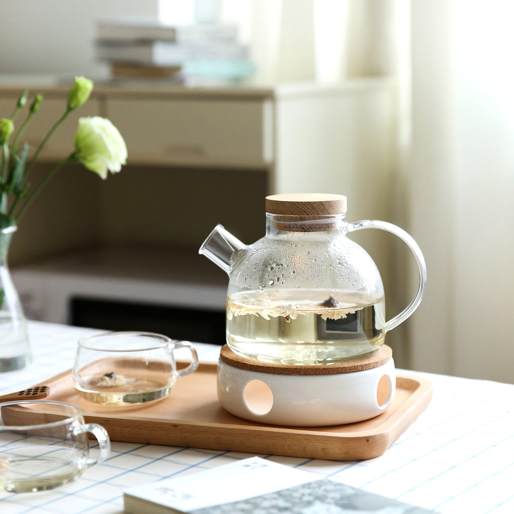 Drinkware Teekanne aus Glas, hitzebeständiger Wasserkocher mit Holzdeckel